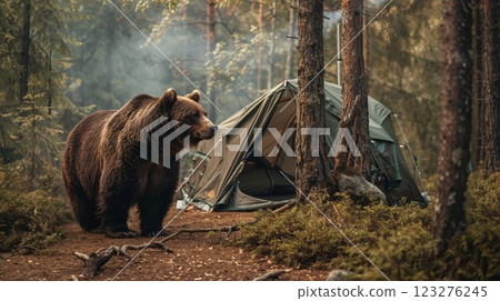 brown bear standing near a forest campsite with a tent, amidst trees and morning mist, capturing the beauty and wildness of nature 123276245