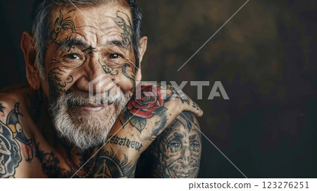 portrait of an elderly man with intricate tattoos, a warm smile, and weathered features, symbolizing a life rich with stories, culture, and individuality portrait of an elderly man with intricate tattoos, a warm smile, and weathered features, symbolizing a life rich with stories, culture, and individuality 123276251