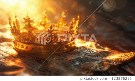 golden crown resting on ancient parchment, bathed in warm, glowing light, evoking themes of royalty, power, and timeless grandeur golden crown resting on ancient parchment, bathed in warm, glowing light, evoking themes of royalty, power, and timeless grandeur 123276255