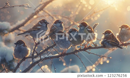 charming flock of sparrows perched on a snowy branch, bathed in soft golden sunlight, capturing the serenity and beauty of nature in winter charming flock of sparrows perched on a snowy branch, bathed in soft golden sunlight, capturing the serenity and beauty of nature in winter 123276256