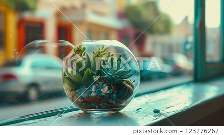 Miniature glass terrarium with succulent plants and colorful pebbles on windowsill, creating peaceful urban garden atmosphere with blurred city background 123276262