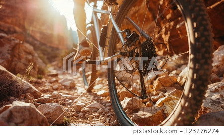 Close-up of mountain bike wheel and gears on rocky terrain at golden hour. Detailed view of bicycle mechanism with dramatic sunlight creating warm atmosphere on mountain trail Close-up of mountain bike wheel and gears on rocky terrain at golden hour. Detailed view of bicycle mechanism with dramatic sunlight creating warm atmosphere on mountain trail 123276274