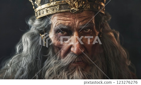 Dramatic portrait of elderly man wearing golden crown with intense gaze. Close-up character study featuring long grey beard, weathered face, and ornate medieval-style crown against dark background 123276276