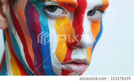 Creative beauty portrait with vibrant face paint in bold stripes of red, blue, yellow and white. Artistic closeup showcasing modern makeup artistry with striking color composition 123276295