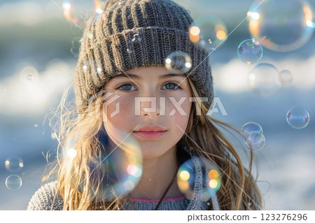 young girl in knit beanie with soap bubbles floating around. Natural sunlight creates magical bokeh effect while highlighting her blonde hair and innocent expression 123276296