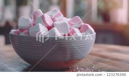 Pink and white marshmallows piled in a modern gray ceramic bowl. Soft focus food photography capturing the delicate texture and pastel colors of these sweet treats Pink and white marshmallows piled in a modern gray ceramic bowl. Soft focus food photography capturing the delicate texture and pastel colors of these sweet treats 123276300