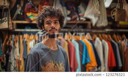Young stylish man with curly hair in vintage clothing store with colorful garments background. Urban fashion retail environment with authentic lifestyle portrait Young stylish man with curly hair in vintage clothing store with colorful garments background. Urban fashion retail environment with authentic lifestyle portrait 123276321
