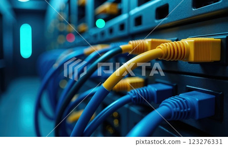Network cables connected to server or switch panel with blue LED lights, showing yellow and blue ethernet connections in modern data center environment Network cables connected to server or switch panel with blue LED lights, showing yellow and blue ethernet connections in modern data center environment 123276331