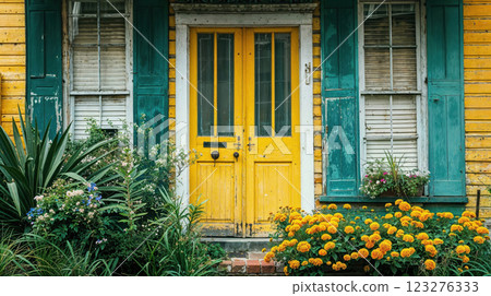 Charming New Orleans style house facade featuring bright yellow door and teal shutters, adorned with colorful marigolds and tropical plants creating vibrant southern street appeal 123276333