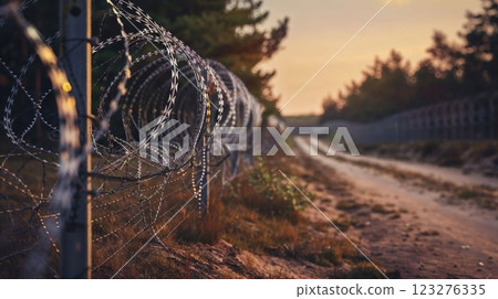 Razor wire fence stretching into sunset with dramatic lighting, creating powerful composition of security barrier against warm evening sky and dirt path 123276335