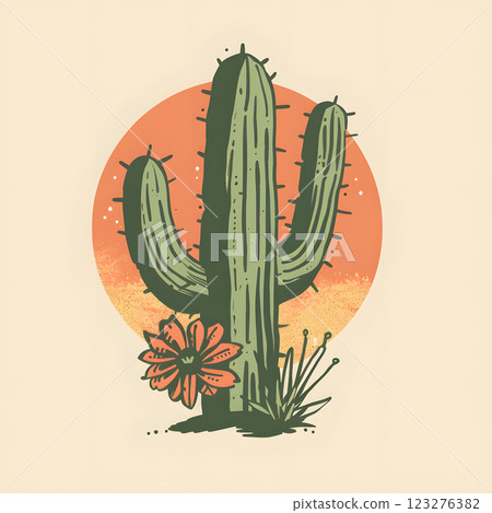 The handdrawn illustration beautifully depicts a saguaro cactus in bloom in the desert during sunset, capturing the essence of the arid landscape and botanical beauty in intricate detail 123276382