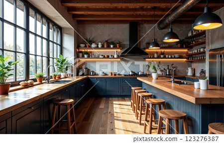 Bright and inviting modern kitchen with sleek blue cabinetry, wooden counters, and natural light streaming through large windows. The warm, cozy atmosphere is perfect for home cooking and entertaining 123276387