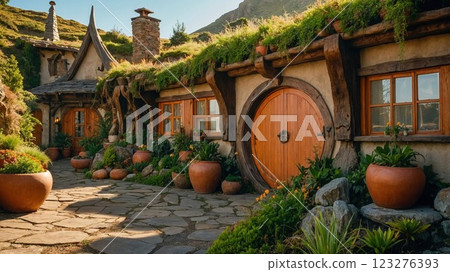 charming hobbit-style house with a round door surrounded by lush greenery and vibrant flowers. The cozy, nature-integrated architecture evokes a whimsical and peaceful countryside atmosphere 123276393