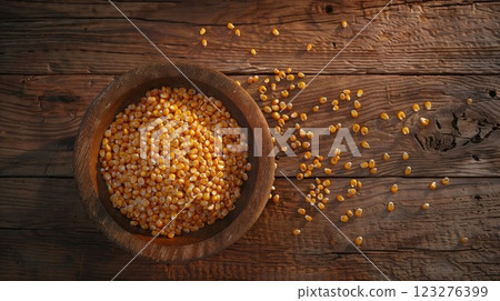 Close-up of yellow popcorn kernels in a wooden bowl, spilling onto a rustic wooden table. Natural light and organic textures create a cozy, homemade feeling of comfort food preparation Close-up of yellow popcorn kernels in a wooden bowl, spilling onto a rustic wooden table. Natural light and organic textures create a cozy, homemade feeling of comfort food preparation 123276399