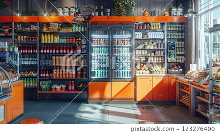 Bright and vibrant view of a well-stocked kitchen fridge and shelves displaying a variety of drinks and sauces. The arrangement suggests a modern, organized, and functional food and beverage area 123276400