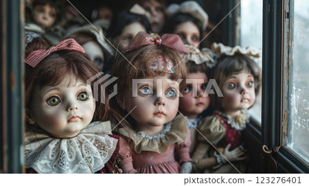 Creepy and nostalgic collection of vintage dolls with large eyes, staring out from a dimly lit window. The eerie atmosphere and old-fashioned clothing create a spooky and haunting vibe Creepy and nostalgic collection of vintage dolls with large eyes, staring out from a dimly lit window. The eerie atmosphere and old-fashioned clothing create a spooky and haunting vibe 123276401
