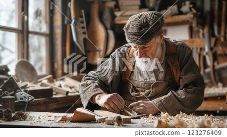 An elderly craftsman works meticulously in his workshop, shaping wood with traditional tools. The warm, rustic atmosphere and wood shavings scattered around enhance the authenticity of his craft and 123276409