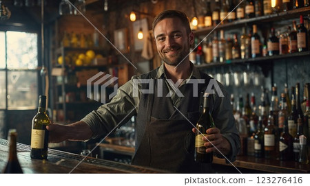 A bartender in a rustic bar smiles while holding two bottles of wine. Behind him, the shelves are lined with various bottles of liquor, and the warm lighting creates an inviting, cozy ambiance for 123276416