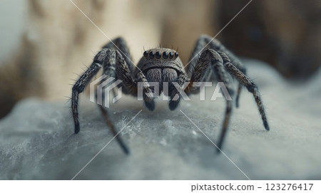 A detailed close-up of a spider on a cold surface, showcasing the intricate features of its legs and eyes. The sharp focus on the spider's texture highlights its fascinating and eerie appearance A detailed close-up of a spider on a cold surface, showcasing the intricate features of its legs and eyes. The sharp focus on the spider's texture highlights its fascinating and eerie appearance 123276417