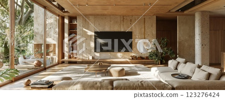 minimalist living room with floor-to-ceiling windows, natural wood tones, and lush greenery blending harmoniously with modern furniture for a cozy yet sophisticated atmosphere 123276424