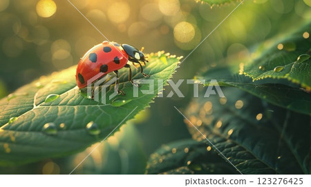 ladybug perches delicately on a dewy green leaf, basking in the golden glow of sunlight, showcasing the intricate beauty of nature smallest wonders 123276425