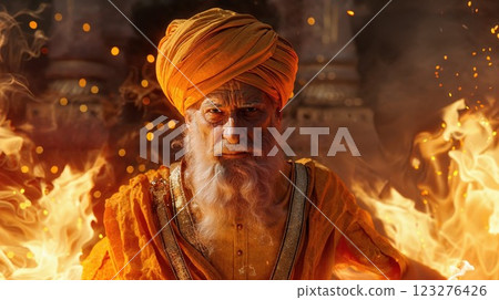 fierce elder draped in fiery orange robes stands surrounded by flames, embodying strength, spirituality, and a dramatic connection to the elements in a mystical setting 123276426