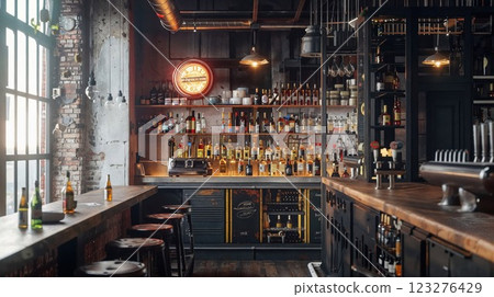 stylish industrial bar with exposed brick walls, hanging lights, wooden counters, and a wide selection of colorful liquor bottles, capturing urban sophistication and nightlife vibes stylish industrial bar with exposed brick walls, hanging lights, wooden counters, and a wide selection of colorful liquor bottles, capturing urban sophistication and nightlife vibes 123276429