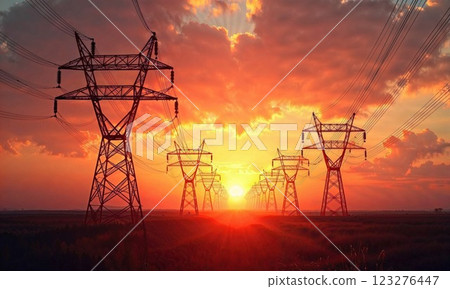 breathtaking sunset casts a golden glow over a field, silhouetting power lines in the foreground, showcasing the beauty of nature and technology intertwined 123276447