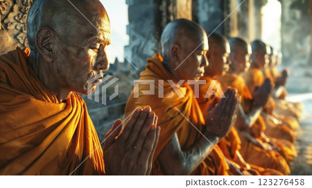 Buddhist monks in traditional orange robes, meditating and praying in a serene temple setting with sun rays illuminating their peaceful expressions 123276458