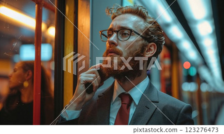 A man with a beard and glasses, dressed in a sharp suit, stands thoughtfully inside a subway train, illuminated by vibrant urban lights, conveying a moment of introspection in a bustling city 123276473