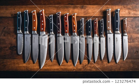 A collection of sharp kitchen knives, arranged neatly on a wooden table, showcasing various styles and sizes, perfect for professional chefs and cooking enthusiasts alike 123276474