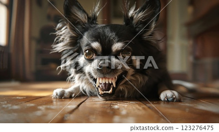 A close-up of an angry black and white dog showing its teeth, with intense eyes and a fierce expression, creating a powerful visual of a protective and defensive pet in action 123276475