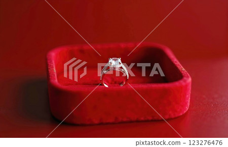 A sparkling diamond engagement ring placed inside a luxurious red velvet box, surrounded by soft lighting, symbolizing love, commitment, and the beginning of a new chapter in life 123276476