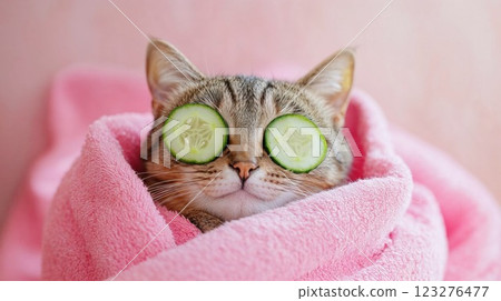 A cute tabby cat wrapped in a pink towel, relaxing with cucumber slices placed over its eyes, creating a humorous and adorable scene of pampered pet care in a spa-like setting A cute tabby cat wrapped in a pink towel, relaxing with cucumber slices placed over its eyes, creating a humorous and adorable scene of pampered pet care in a spa-like setting 123276477