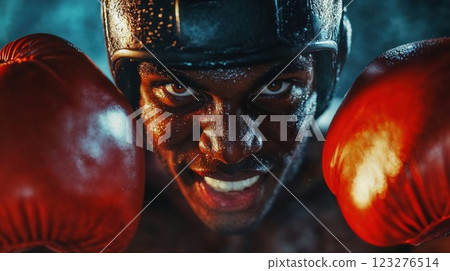 A powerful close-up shot of a boxer in the ring, sweat glistening on his face as he intensely focuses, ready to strike with his red boxing gloves, showing determination and strength A powerful close-up shot of a boxer in the ring, sweat glistening on his face as he intensely focuses, ready to strike with his red boxing gloves, showing determination and strength 123276514
