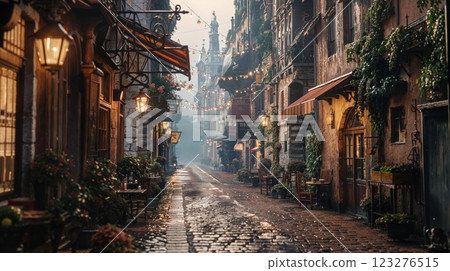 A narrow, cobblestone street in a quaint European town lit by soft street lamps, with colorful buildings, flower-filled balconies, and string lights, creating a warm, romantic atmosphere 123276515