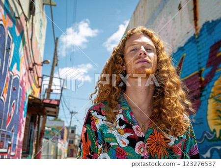 confident man with long curly hair and a beard stands in front of a vibrant, colorful graffiti wall, wearing a tropical floral shirt, exuding a bold and artistic street style vibe confident man with long curly hair and a beard stands in front of a vibrant, colorful graffiti wall, wearing a tropical floral shirt, exuding a bold and artistic street style vibe 123276537