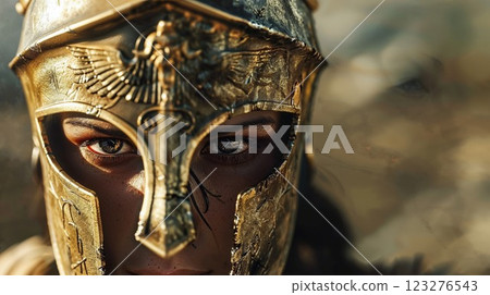 ancient warrior's intense gaze through a golden helmet, capturing the strength and determination of a heroic figure. The intricate design of the helmet adds to the warrior's formidable presence 123276543