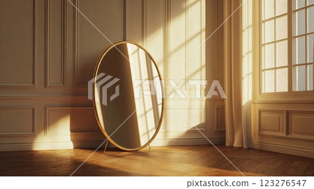 beautifully framed circular mirror rests in a sunlit room with soft light streaming in through the windows. The peaceful setting features elegant design and a serene ambiance, perfect for minimalist 123276547