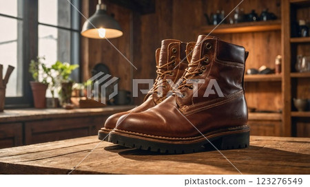 pair of rugged leather boots rest on a wooden table in a rustic setting, with warm light and a cozy environment. The boots' detailed design and craftsmanship stand out in this homely atmosphere pair of rugged leather boots rest on a wooden table in a rustic setting, with warm light and a cozy environment. The boots' detailed design and craftsmanship stand out in this homely atmosphere 123276549