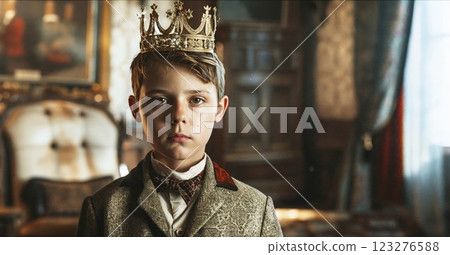 A young boy wearing an ornate golden crown stands in an elegant, vintage room. His serious expression and royal attire evoke a sense of authority and regal charm, making for a captivating, 123276588