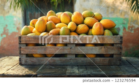A wooden crate filled with ripe, golden mangoes sits on a rustic wooden table, with a textured backdrop of faded walls and lush greenery. The rich, tropical colors and natural textures create a warm, 123276594