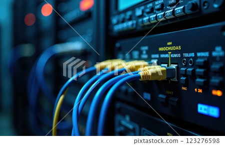 close-up of colorful network cables plugged into a server in a dark room, with glowing LED lights indicating data flow. This image showcases modern data technology, networks, and digital 123276598