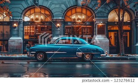 A vintage blue car parked on a city street in front of an old-style building, with golden streetlights glowing warmly, creating a nostalgic retro atmosphere on a rainy evening A vintage blue car parked on a city street in front of an old-style building, with golden streetlights glowing warmly, creating a nostalgic retro atmosphere on a rainy evening 123276612
