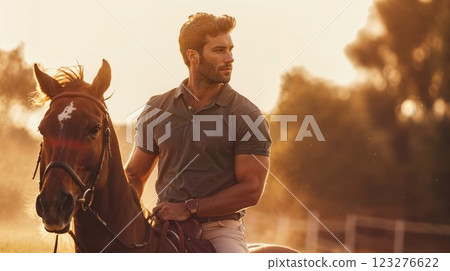 A man confidently rides a horse through golden fields during sunset, exuding strength and elegance as he enjoys the warm, glowing light of a peaceful rural landscape A man confidently rides a horse through golden fields during sunset, exuding strength and elegance as he enjoys the warm, glowing light of a peaceful rural landscape 123276622