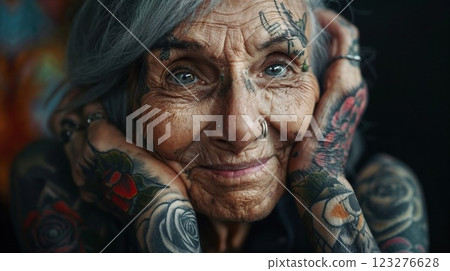 A close-up of an elderly woman with facial tattoos and intricate body art, smiling warmly and exuding confidence, wisdom, and individuality through her unique personal expression 123276628