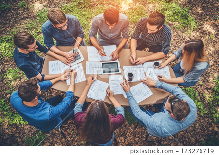 Collaborative Marketing Strategy Brainstorming Session in a Nature Setting with Digital Tools 123276719