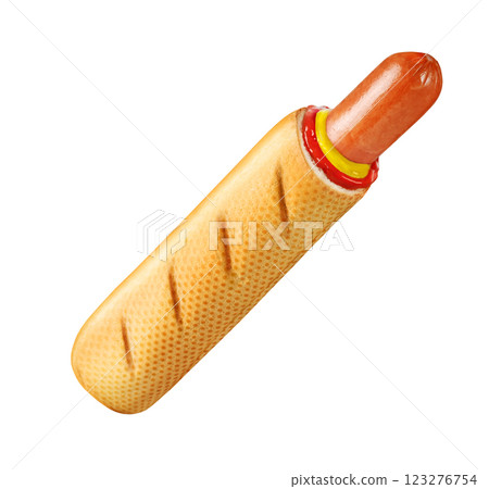 French hotdog served in a soft, fresh bun that looks enticing 123276754
