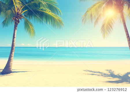 Vintage Toned Beach Scene with Sandy Shoreline, Coconut Palm Trees, and Ocean Flare 123276912