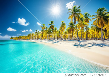 Tranquil Vintage Beach Scene with Sandy Shore, Azure Ocean, and Tall Palm Trees Under Sunlight 123276913